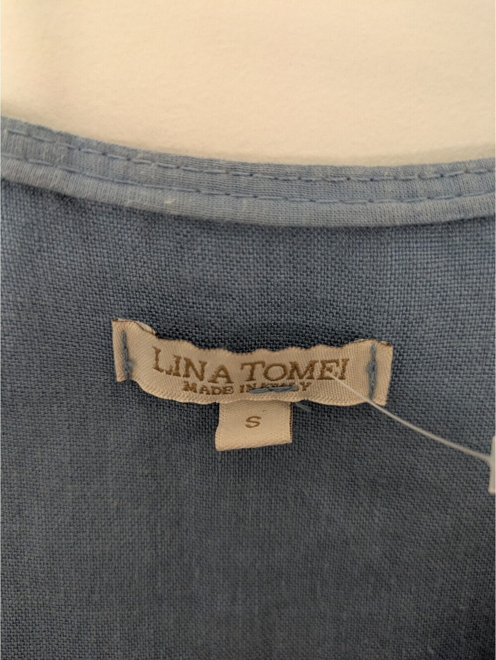 Lina Tomei Made in Italy Blue Linen Pintuck Beaded Cap Sleeve Tunic Dress Small - Picture 2 of 6